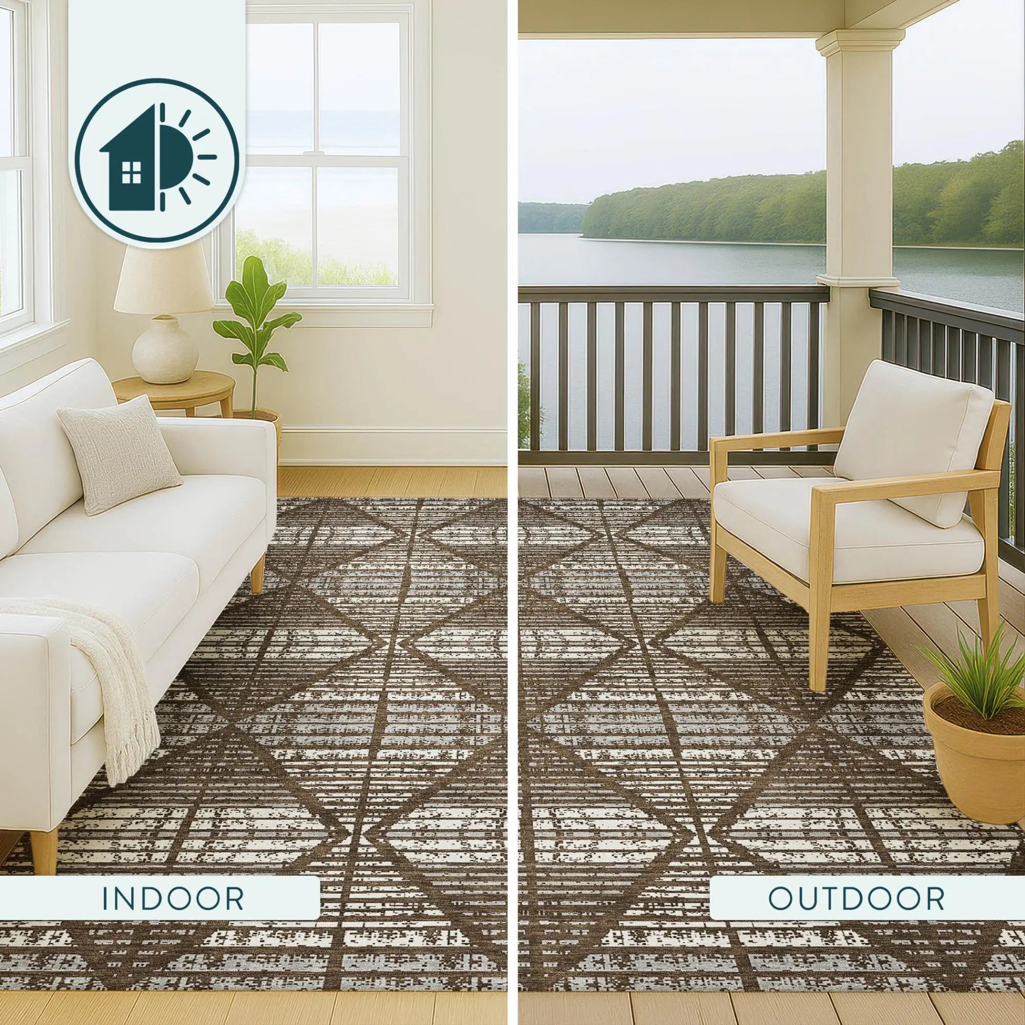 8' Chocolate And Beige Round Geometric Washable Indoor Outdoor Area Rug Homeroots Outdoor