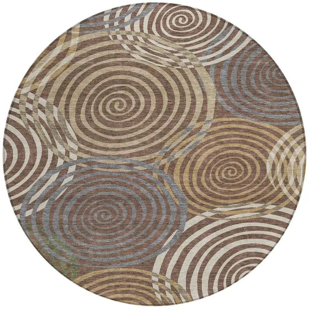 8' Chocolate And Beige Round Geometric Washable Indoor Outdoor Area Rug Homeroots Outdoor