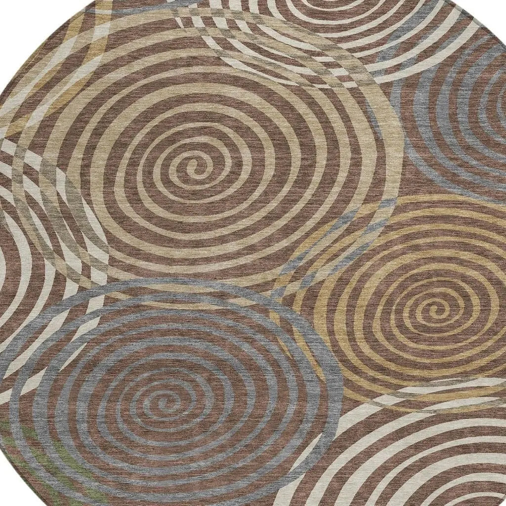 8' Chocolate And Beige Round Geometric Washable Indoor Outdoor Area Rug Homeroots Outdoor