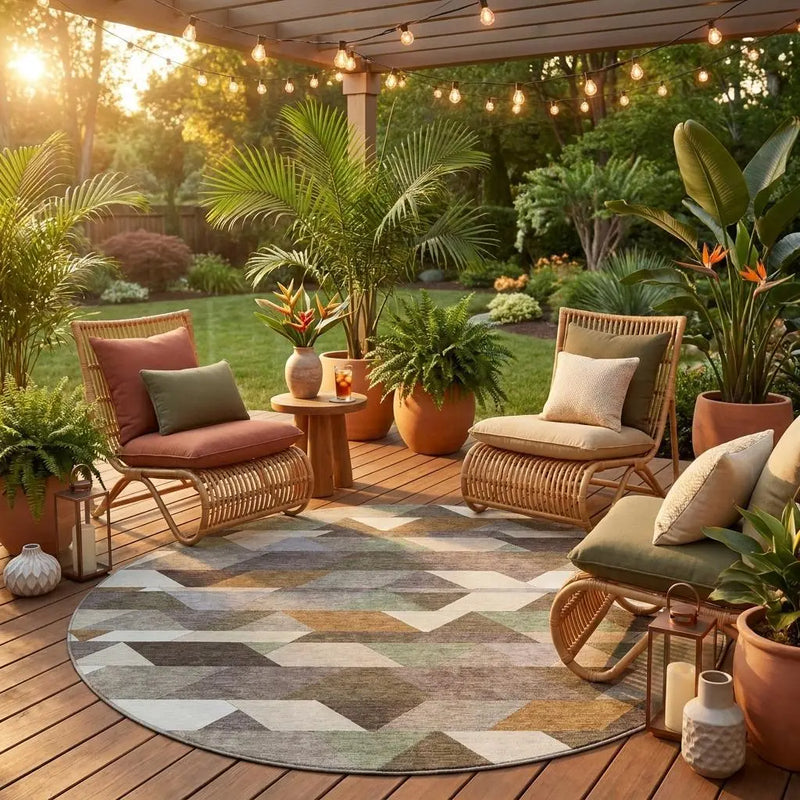 8' Chocolate And Beige Round Geometric Washable Indoor Outdoor Area Rug Homeroots Outdoor