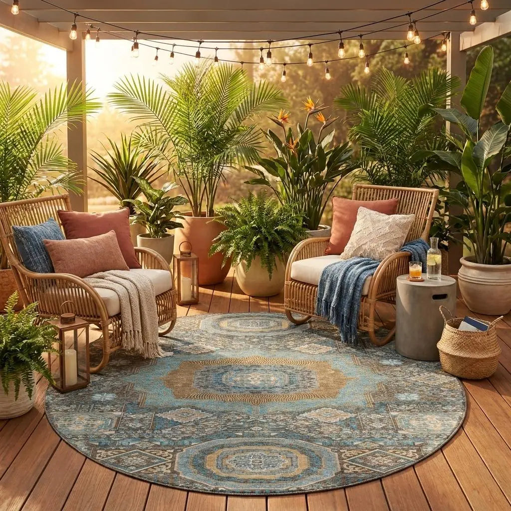8' Chocolate And Beige Round Oriental Washable Indoor Outdoor Area Rug Homeroots Outdoor