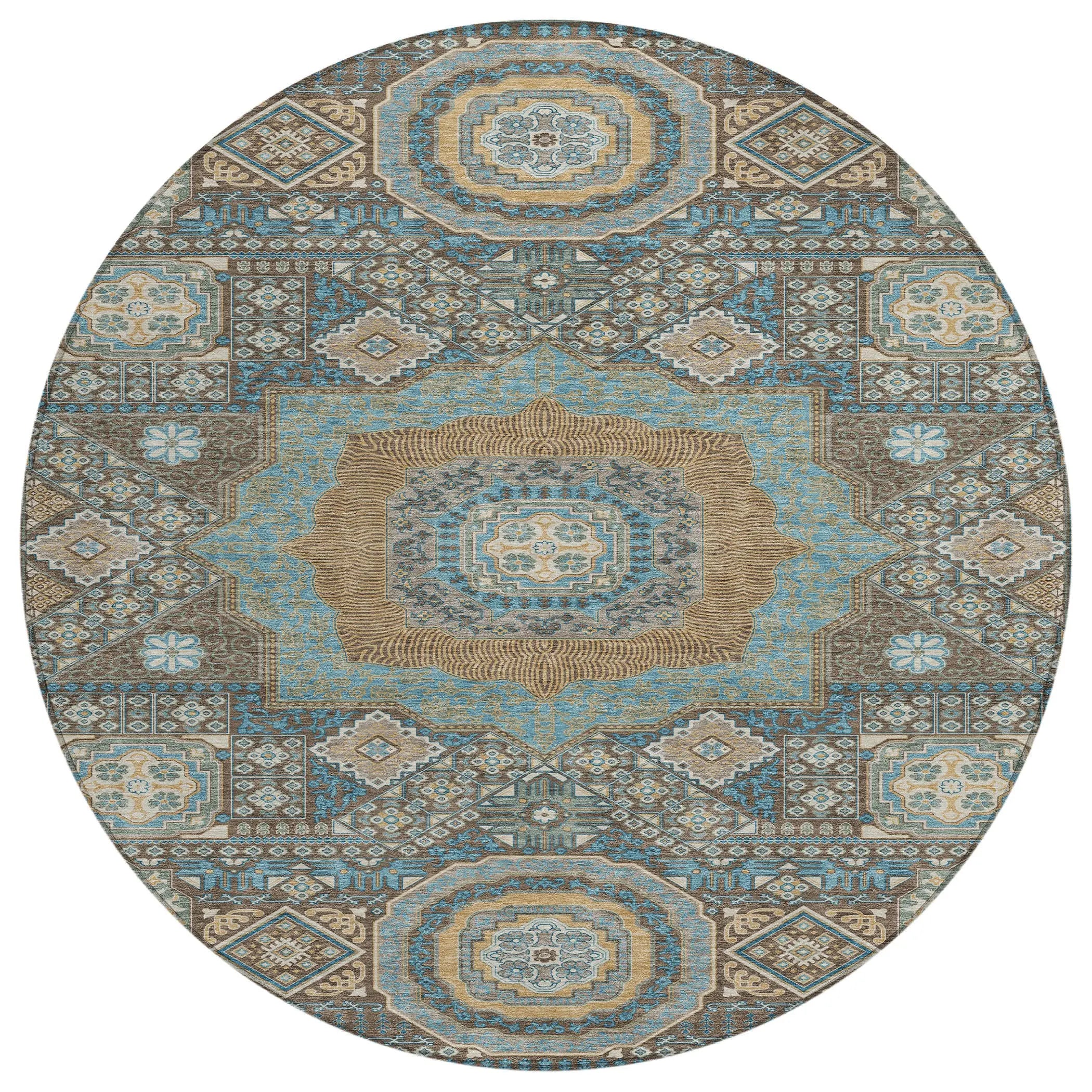 Oval botanical patterned area rug in shades of blue, beige, and brown, featuring intricate geometric designs.