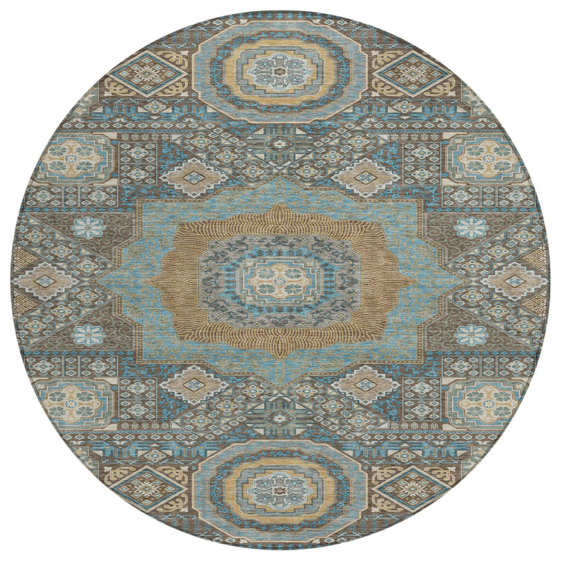 Oval botanical patterned area rug in shades of blue, beige, and brown, featuring intricate geometric designs.