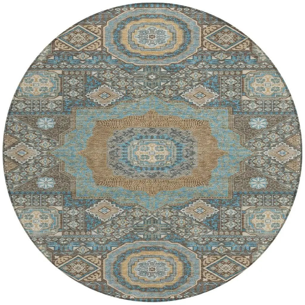 Oval blue and beige patterned area rug, featuring intricate vintage designs in a soft, durable material.
