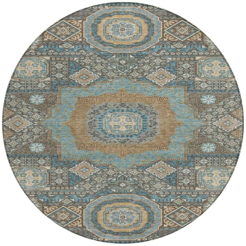 Oval blue and beige patterned area rug, featuring intricate vintage designs in a soft, durable material.