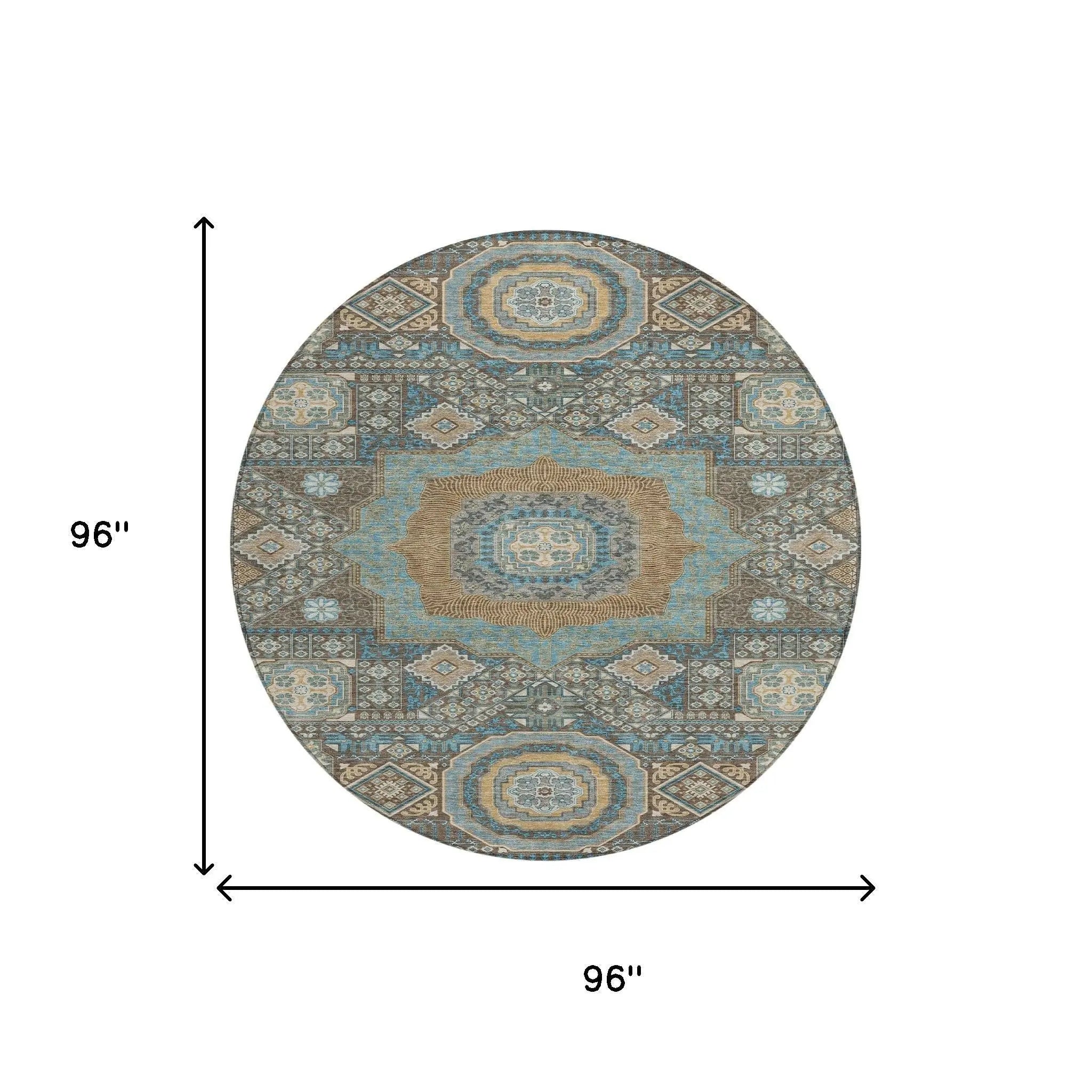 Round vintage-style rug, 96" diameter, featuring intricate blue, beige, and brown patterns on soft, durable fabric.