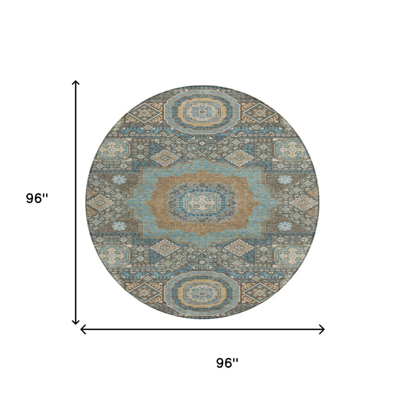 Round vintage-style rug, 96" diameter, featuring intricate blue, beige, and brown patterns on soft, durable fabric.