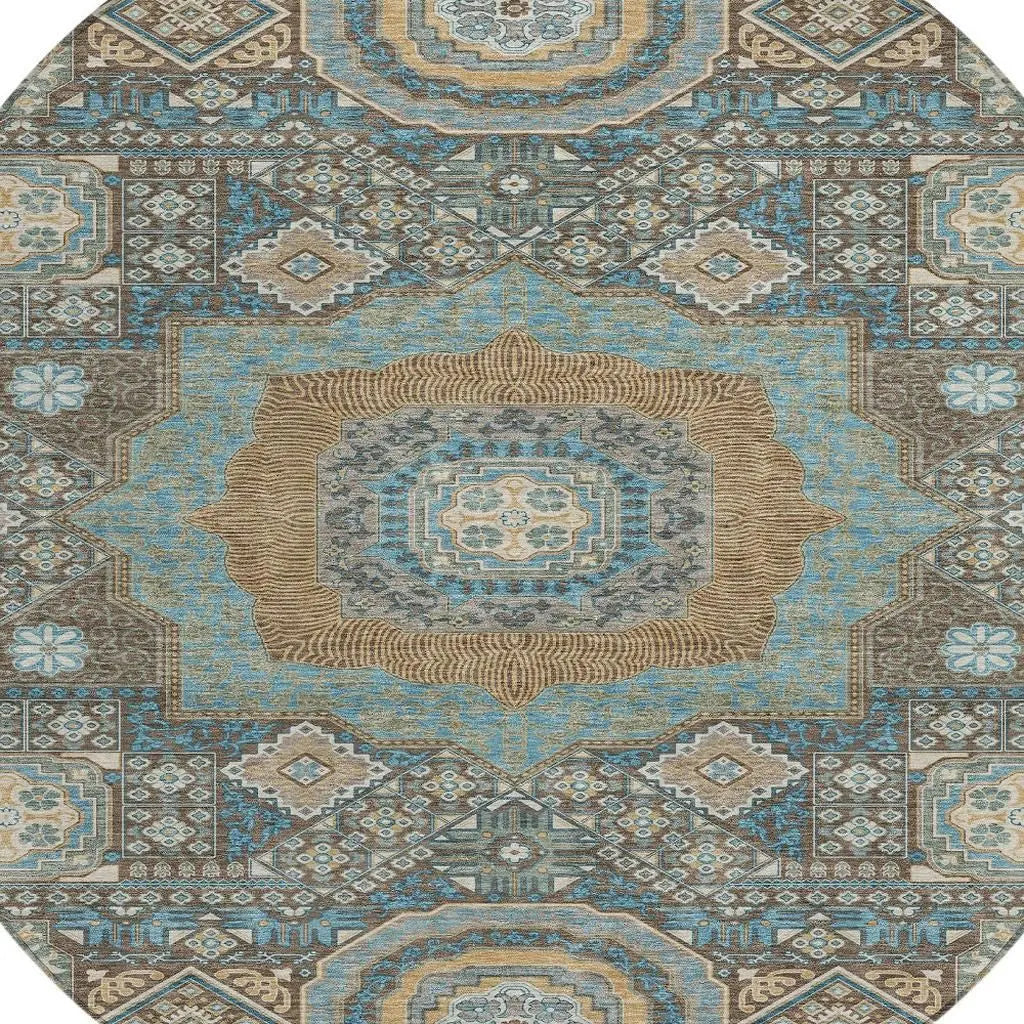 Blue and beige geometric pattern oval area rug with intricate designs in soft, durable synthetic material.