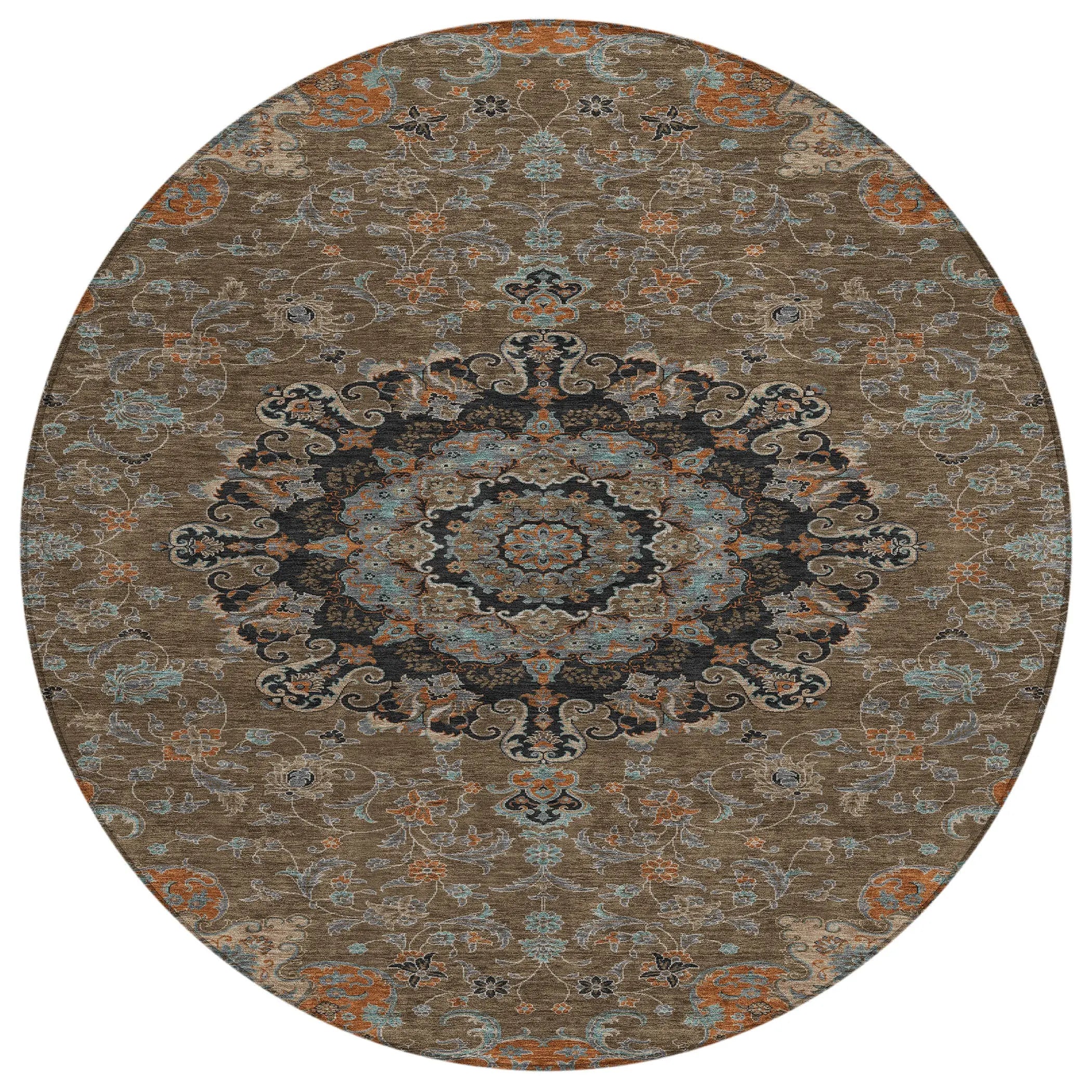 8' Chocolate And Black Round Floral Medallion Washable Indoor Outdoor Area Rug Homeroots Outdoor