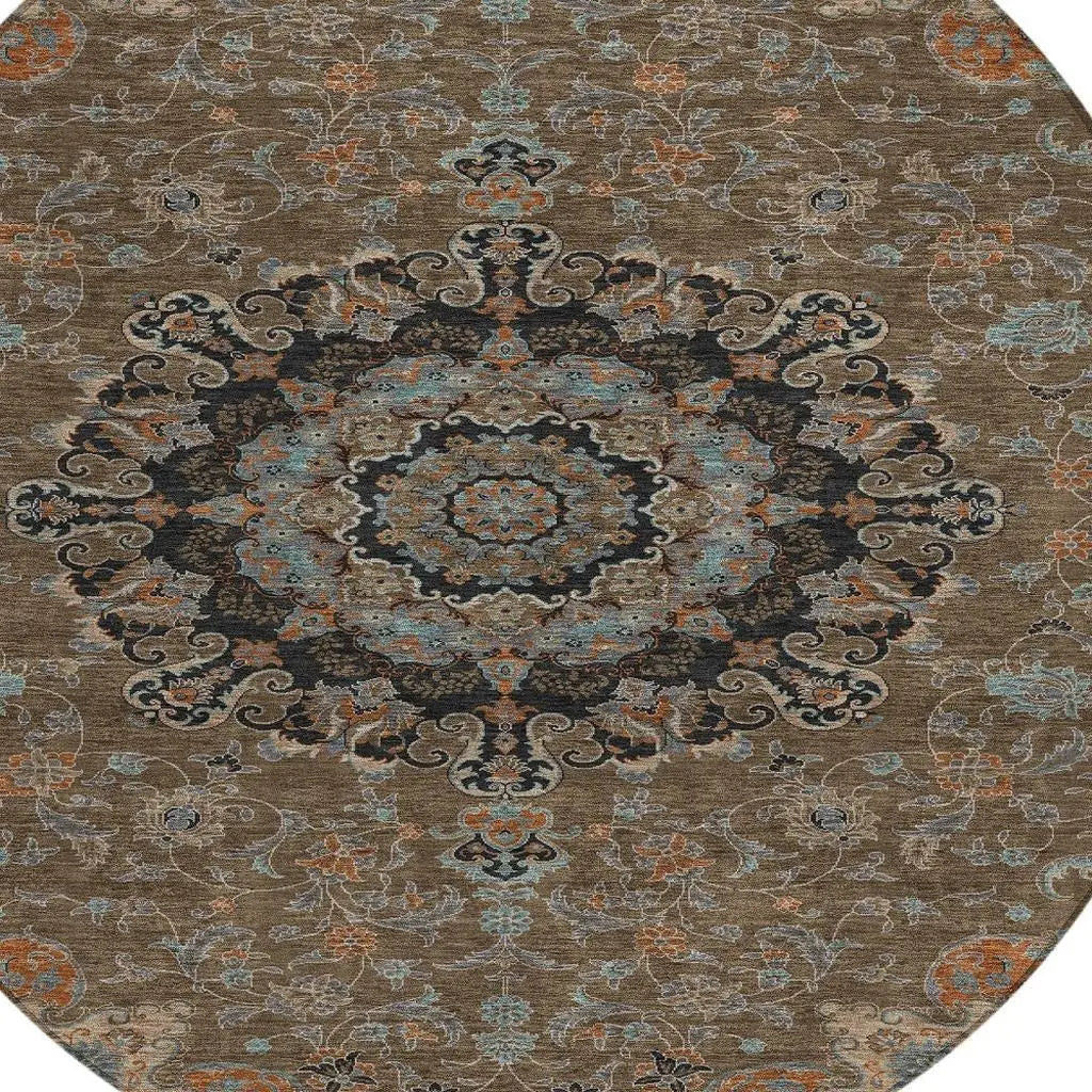 8' Chocolate And Black Round Floral Medallion Washable Indoor Outdoor Area Rug Homeroots Outdoor