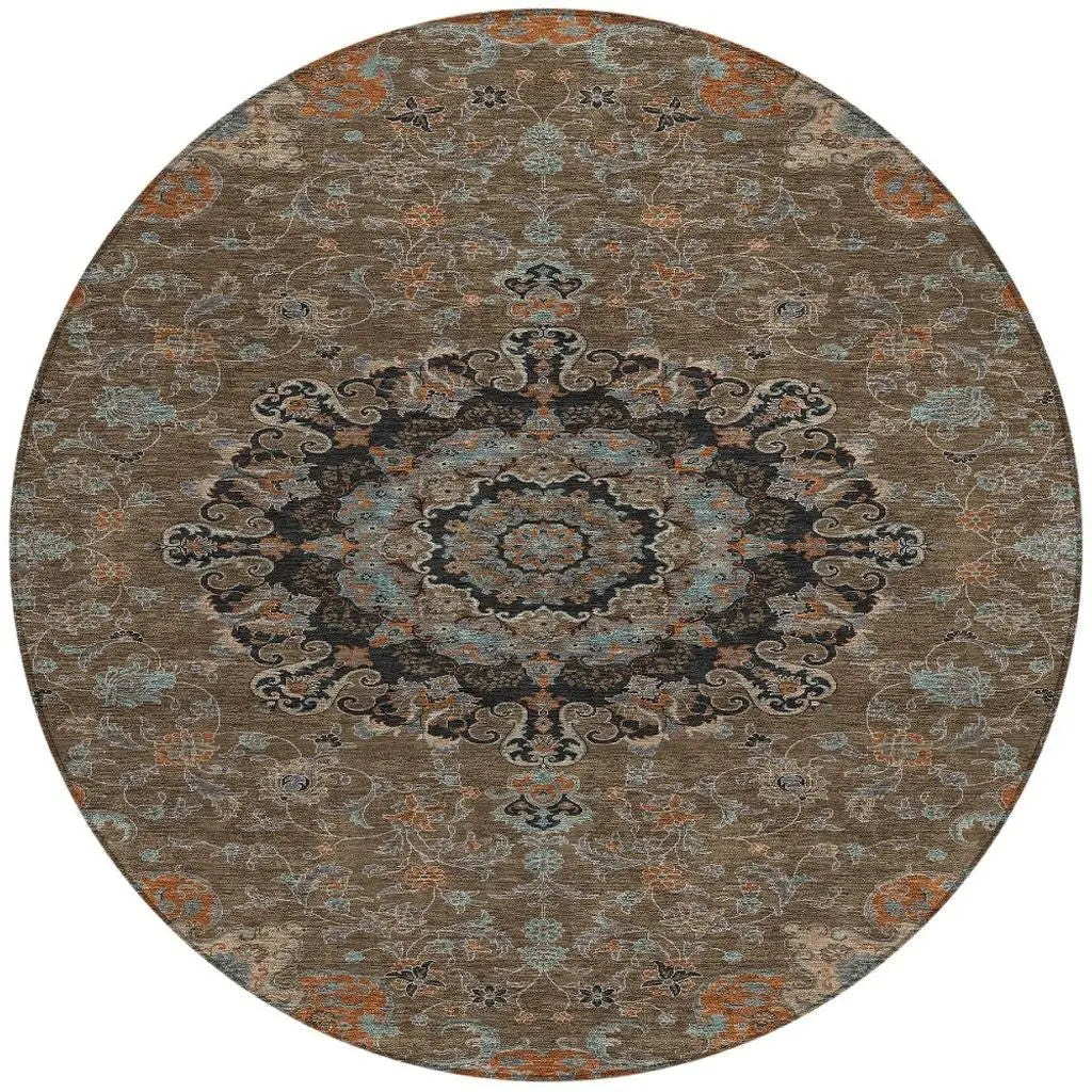 8' Chocolate And Black Round Floral Medallion Washable Indoor Outdoor Area Rug Homeroots Outdoor