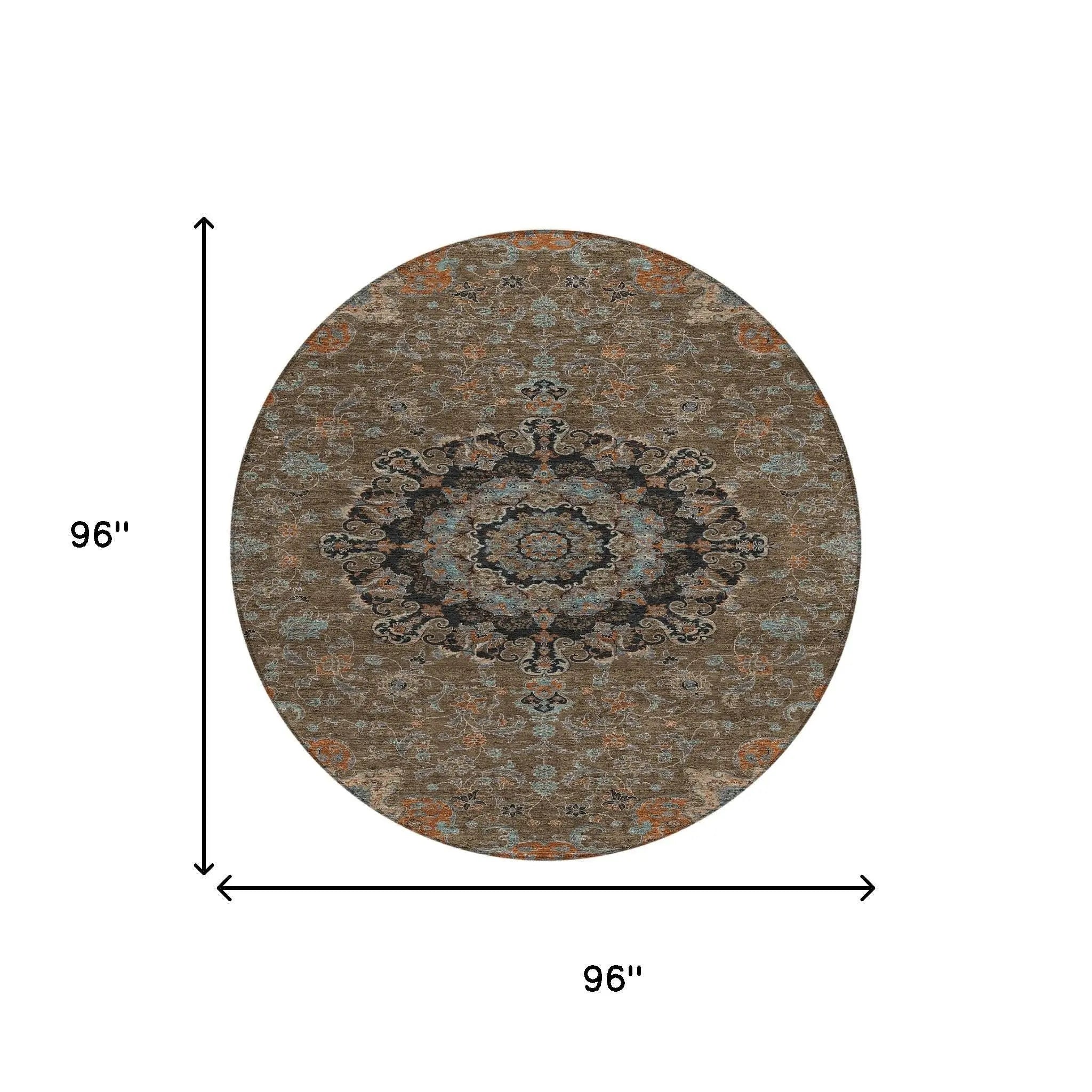 8' Chocolate And Black Round Floral Medallion Washable Indoor Outdoor Area Rug Homeroots Outdoor