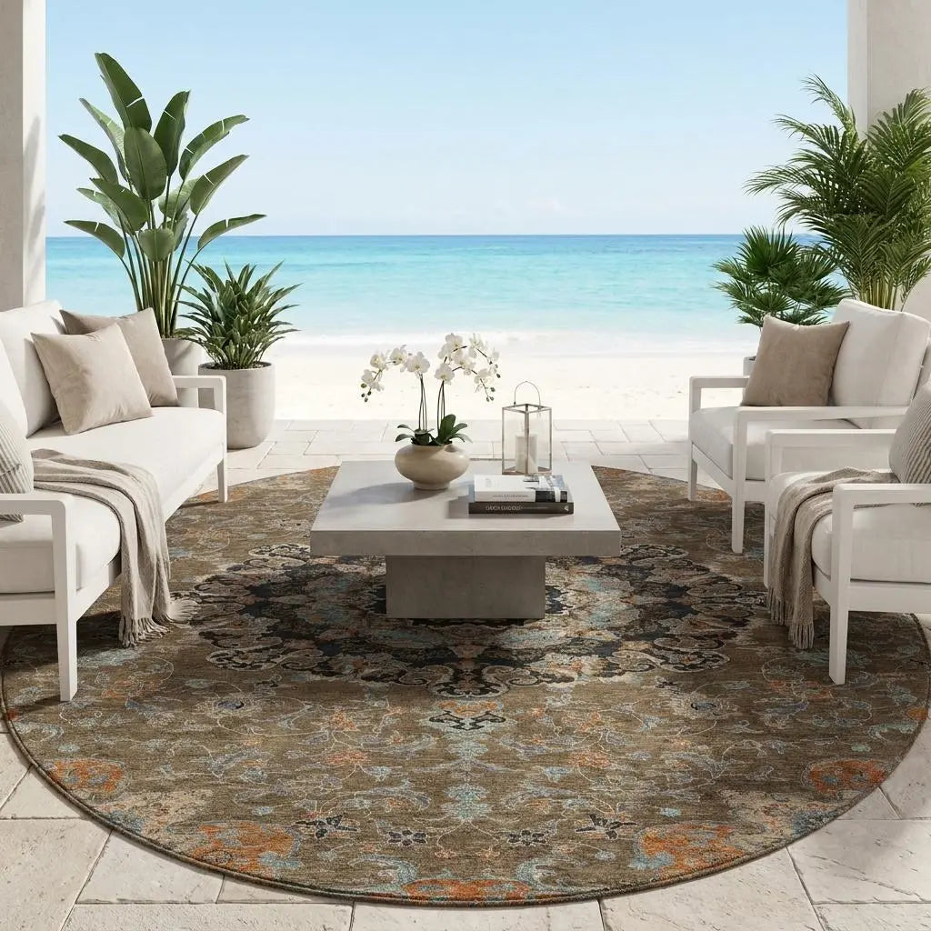 8' Chocolate And Black Round Floral Medallion Washable Indoor Outdoor Area Rug Homeroots Outdoor