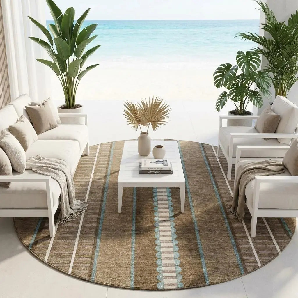 8' Chocolate And Blue Round Striped Washable Indoor Outdoor Area Rug Homeroots Outdoor