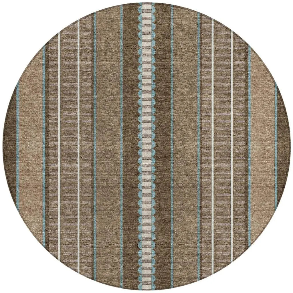 8' Chocolate And Blue Round Striped Washable Indoor Outdoor Area Rug Homeroots Outdoor