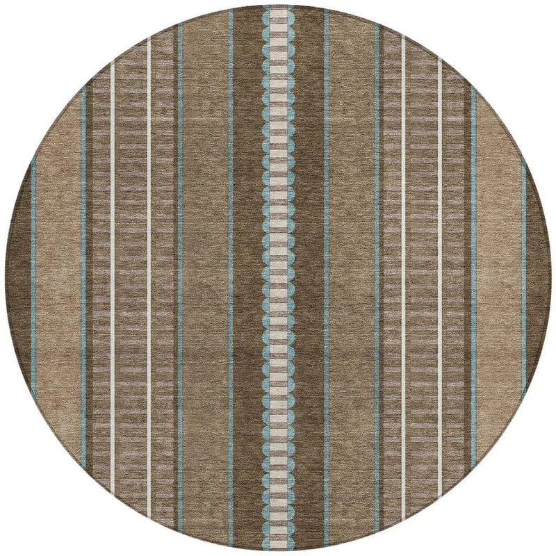 8' Chocolate And Blue Round Striped Washable Indoor Outdoor Area Rug Homeroots Outdoor