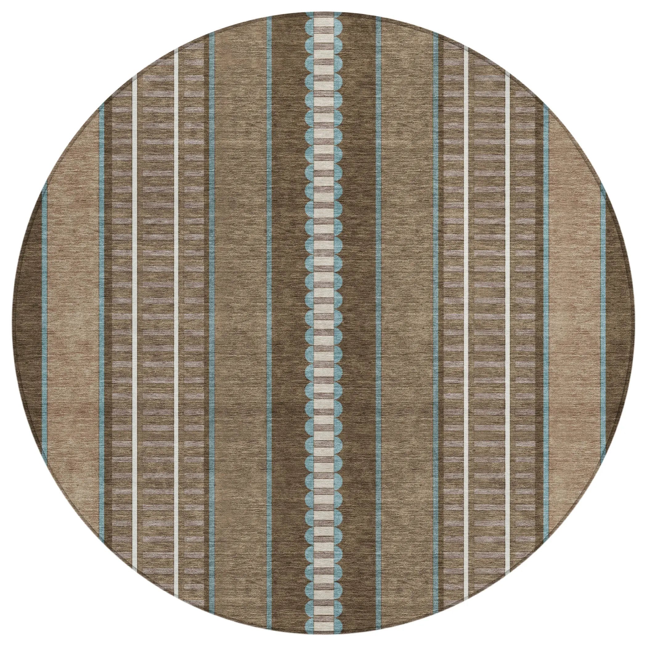 8' Chocolate And Blue Round Striped Washable Indoor Outdoor Area Rug Homeroots Outdoor