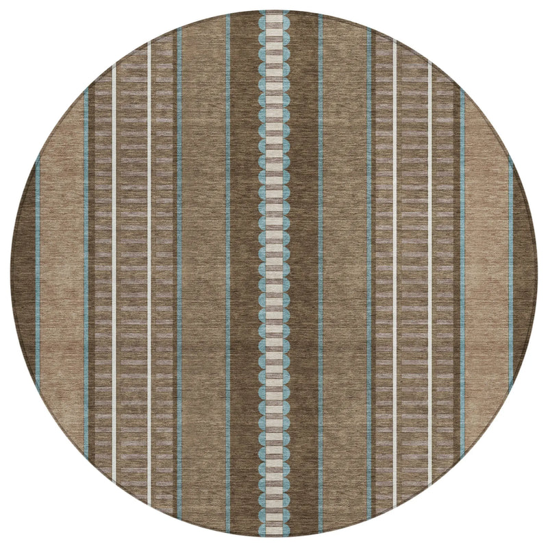 8' Chocolate And Blue Round Striped Washable Indoor Outdoor Area Rug Homeroots Outdoor