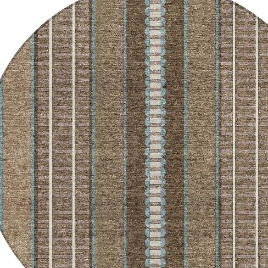 8' Chocolate And Blue Round Striped Washable Indoor Outdoor Area Rug Homeroots Outdoor