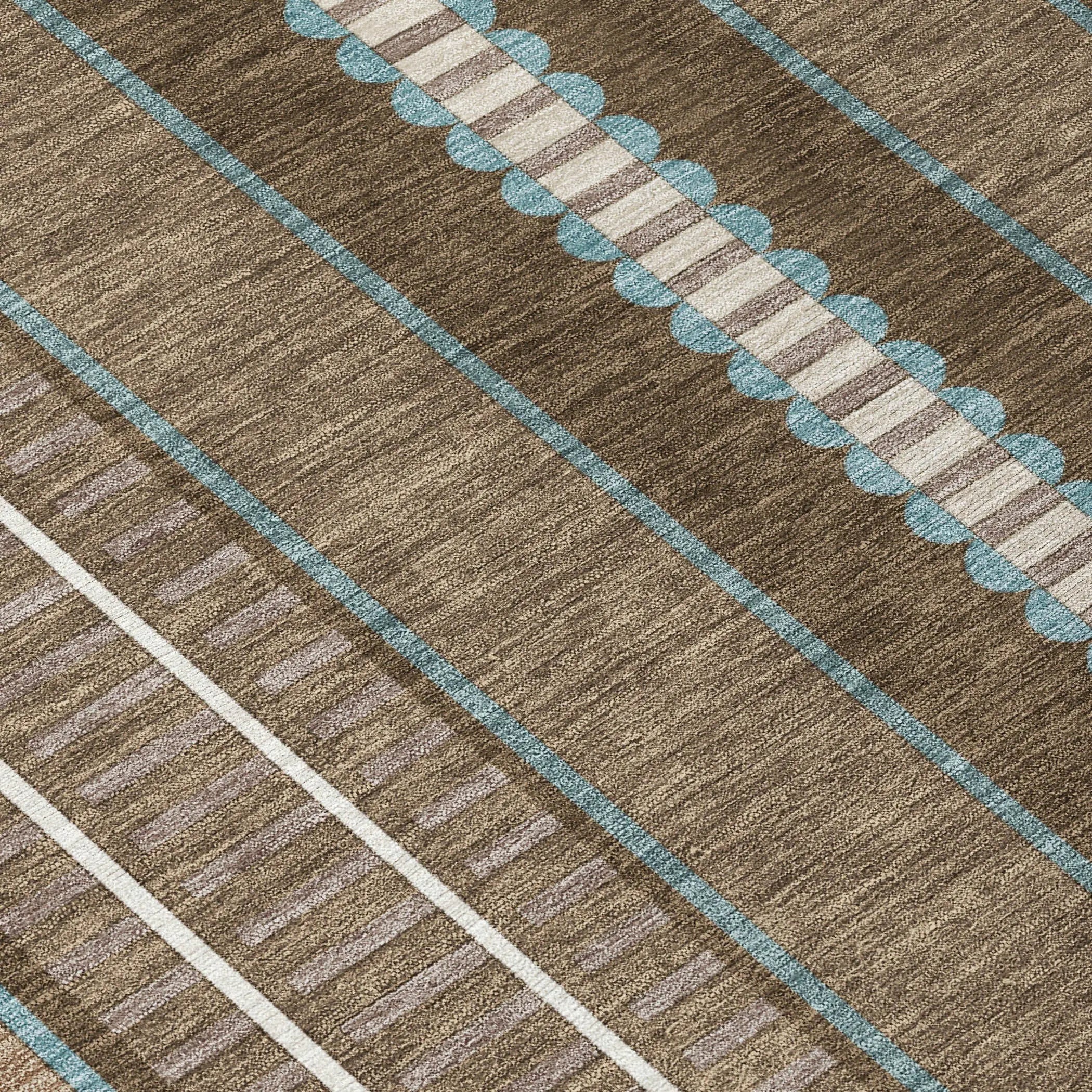 8' Chocolate And Blue Round Striped Washable Indoor Outdoor Area Rug Homeroots Outdoor