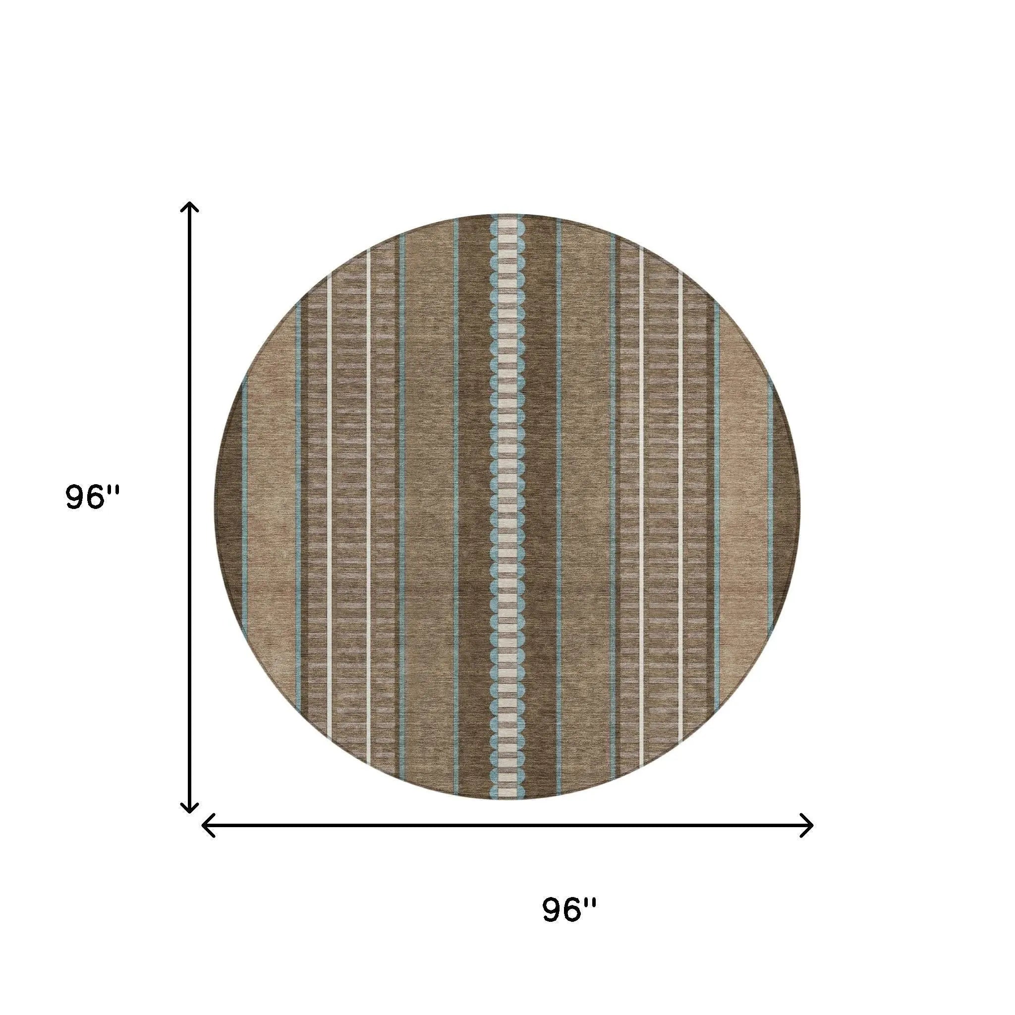 8' Chocolate And Blue Round Striped Washable Indoor Outdoor Area Rug Homeroots Outdoor