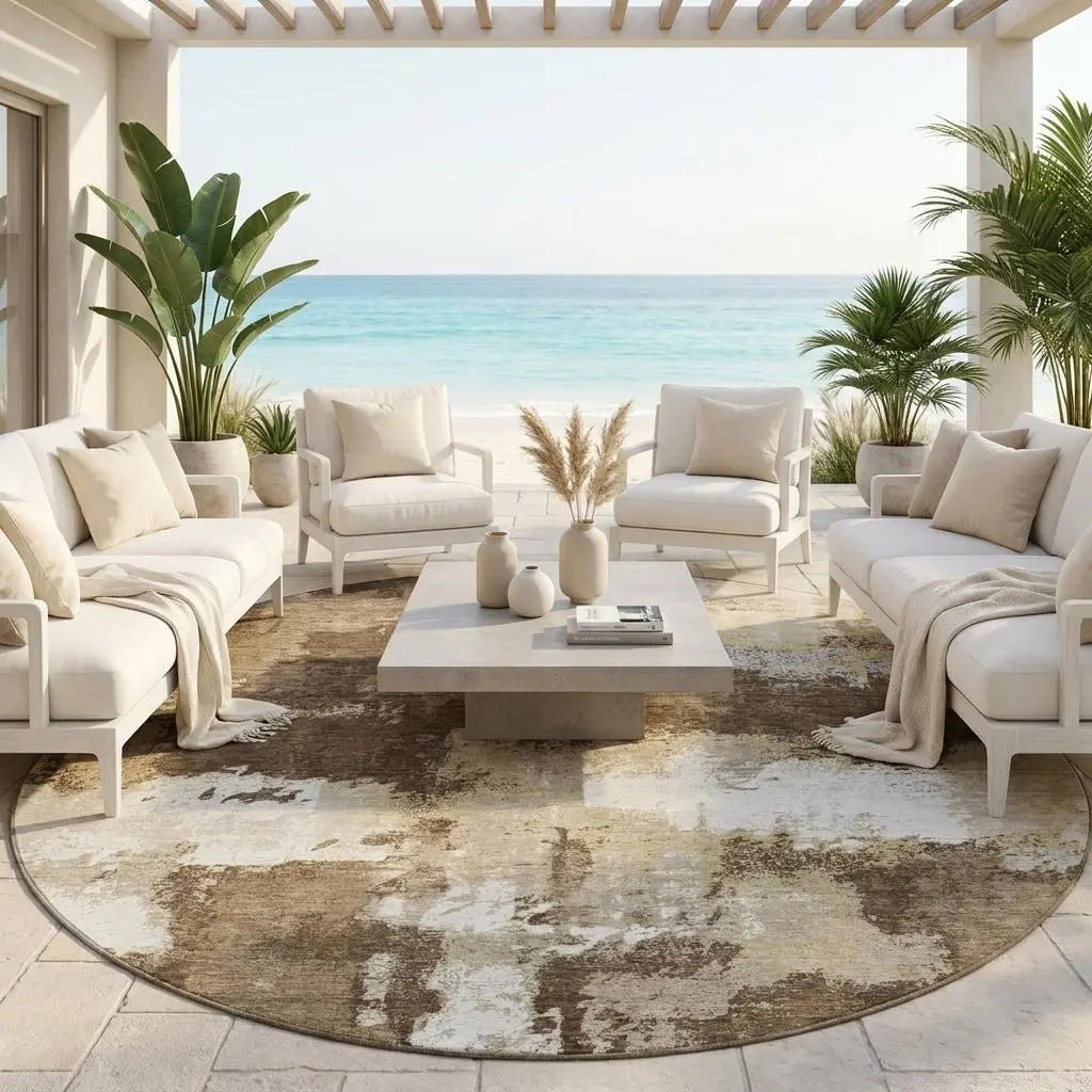 8' Chocolate And Brown Round Abstract Washable Indoor Outdoor Area Rug Homeroots Outdoor