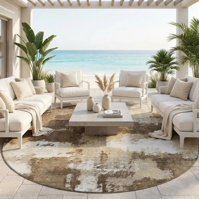 8' Chocolate And Brown Round Abstract Washable Indoor Outdoor Area Rug Homeroots Outdoor