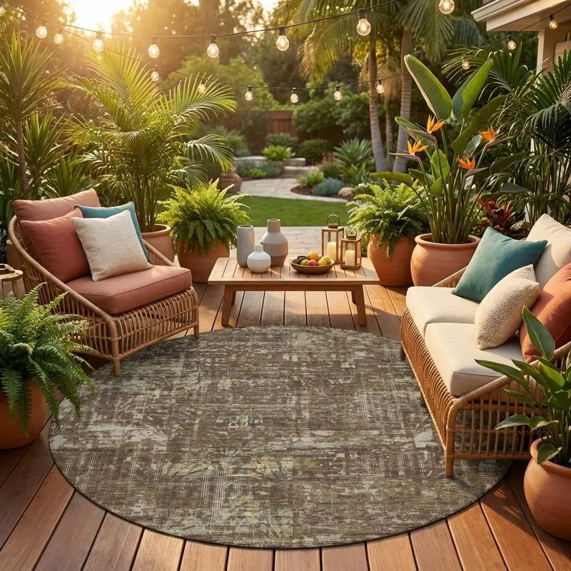 8' Chocolate And Brown Round Abstract Washable Indoor Outdoor Area Rug Homeroots Outdoor