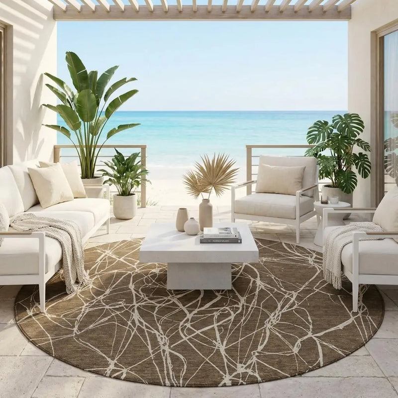 8' Chocolate And Brown Round Abstract Washable Indoor Outdoor Area Rug Homeroots Outdoor