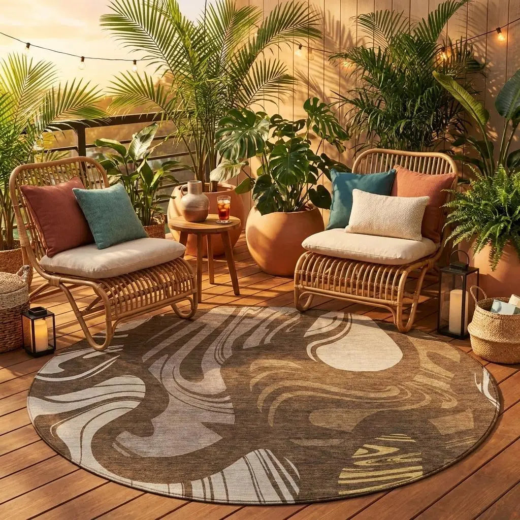 8' Chocolate And Brown Round Abstract Washable Indoor Outdoor Area Rug Homeroots Outdoor