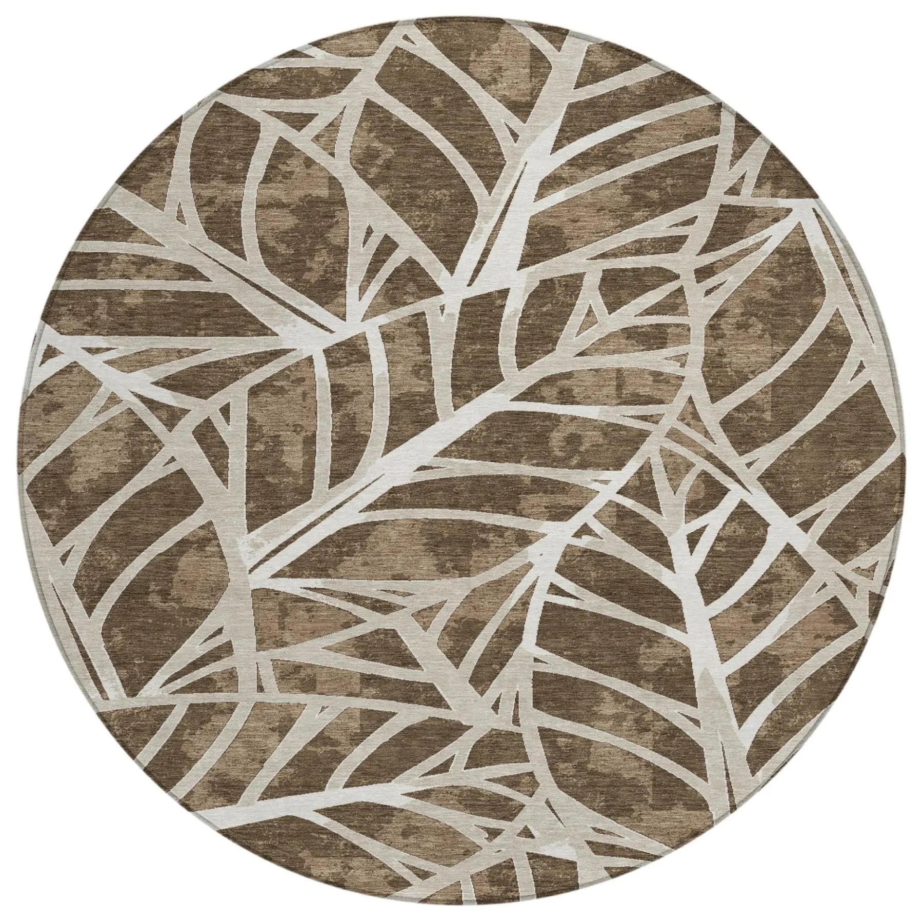8' Chocolate And Brown Round Botanical Leaves Washable Indoor Outdoor Area Rug Homeroots Outdoor