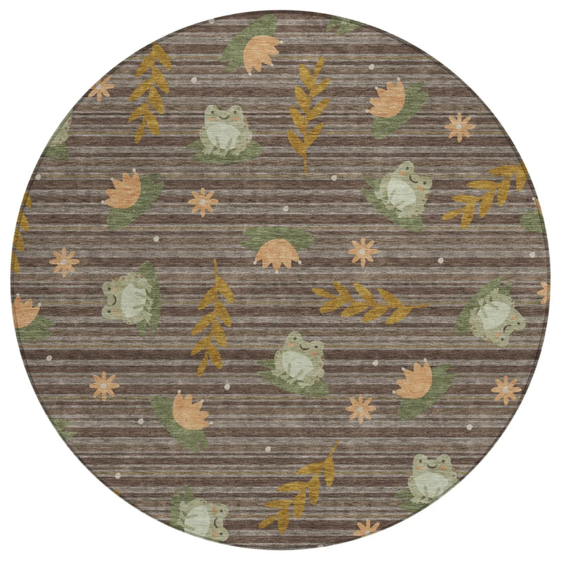 8' Chocolate And Brown Round Botanical Leaves Washable Indoor Outdoor Area Rug Homeroots Outdoor