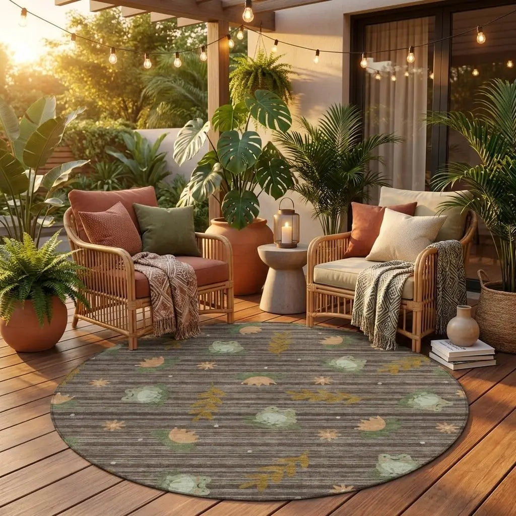 8' Chocolate And Brown Round Botanical Leaves Washable Indoor Outdoor Area Rug Homeroots Outdoor