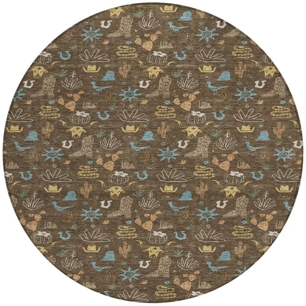 8' Chocolate And Brown Round Cactus Washable Indoor Outdoor Area Rug Homeroots Outdoor