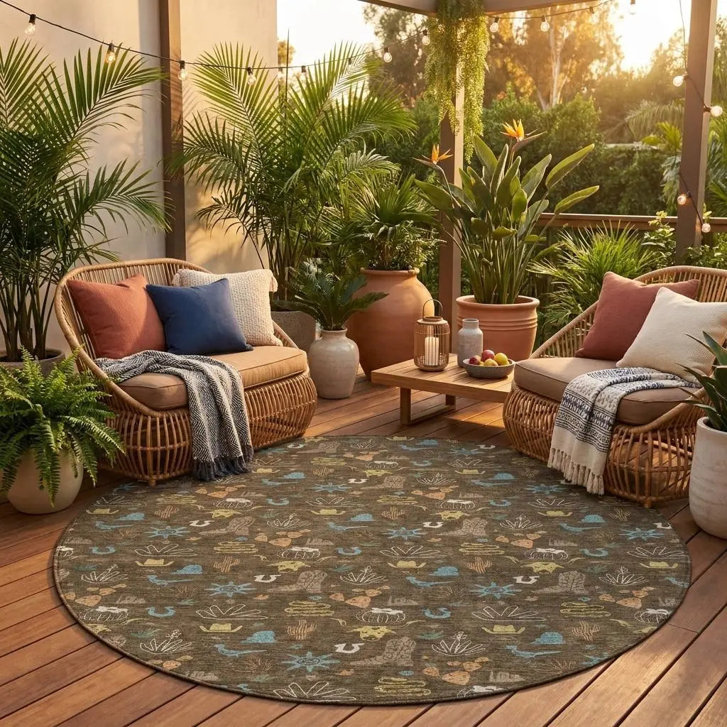 8' Chocolate And Brown Round Cactus Washable Indoor Outdoor Area Rug Homeroots Outdoor