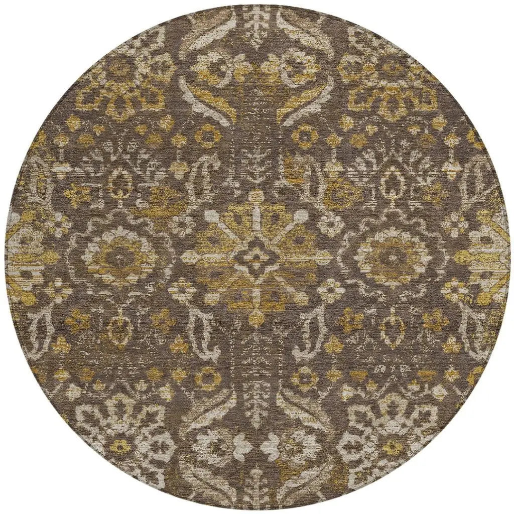 8' Chocolate And Brown Round Damask Washable Indoor Outdoor Area Rug Homeroots Outdoor