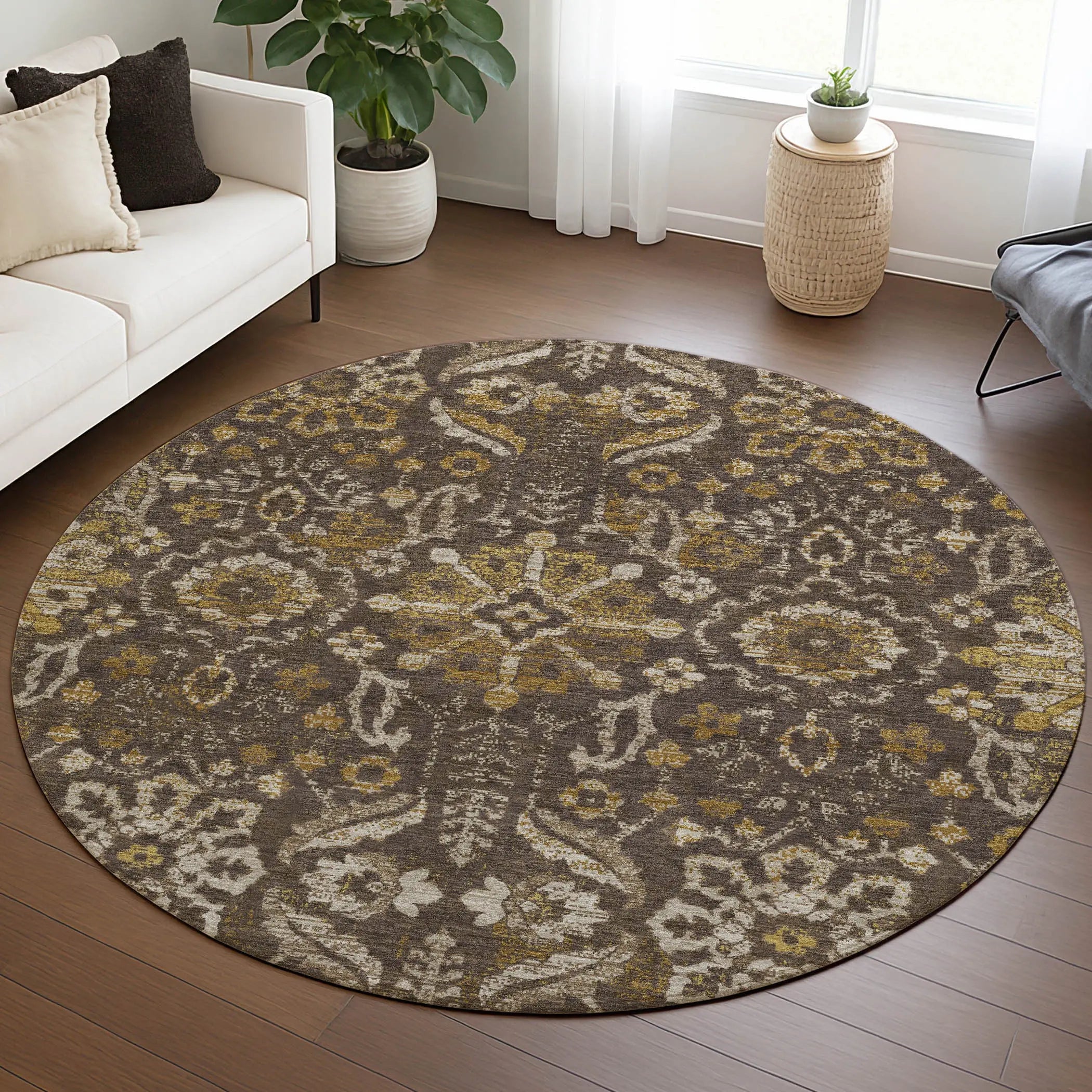 8' Chocolate And Brown Round Damask Washable Indoor Outdoor Area Rug Homeroots Outdoor
