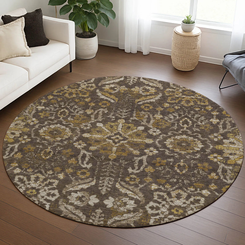 8' Chocolate And Brown Round Damask Washable Indoor Outdoor Area Rug Homeroots Outdoor