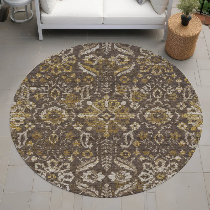 8' Chocolate And Brown Round Damask Washable Indoor Outdoor Area Rug Homeroots Outdoor