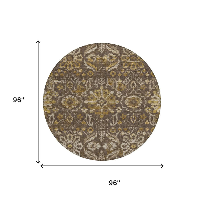 8' Chocolate And Brown Round Damask Washable Indoor Outdoor Area Rug Homeroots Outdoor