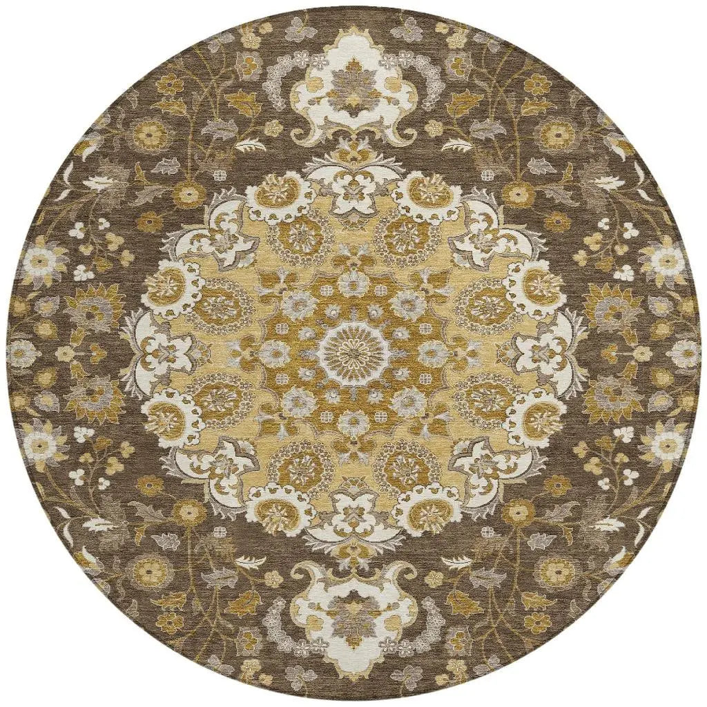 8' Chocolate And Brown Round Damask Washable Indoor Outdoor Area Rug Homeroots Outdoor
