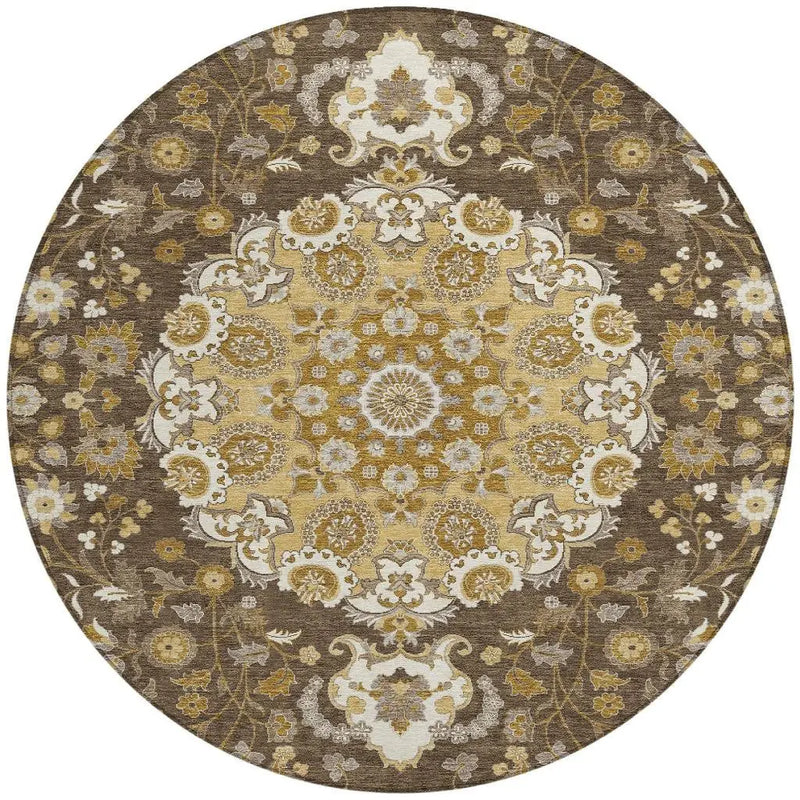8' Chocolate And Brown Round Damask Washable Indoor Outdoor Area Rug Homeroots Outdoor