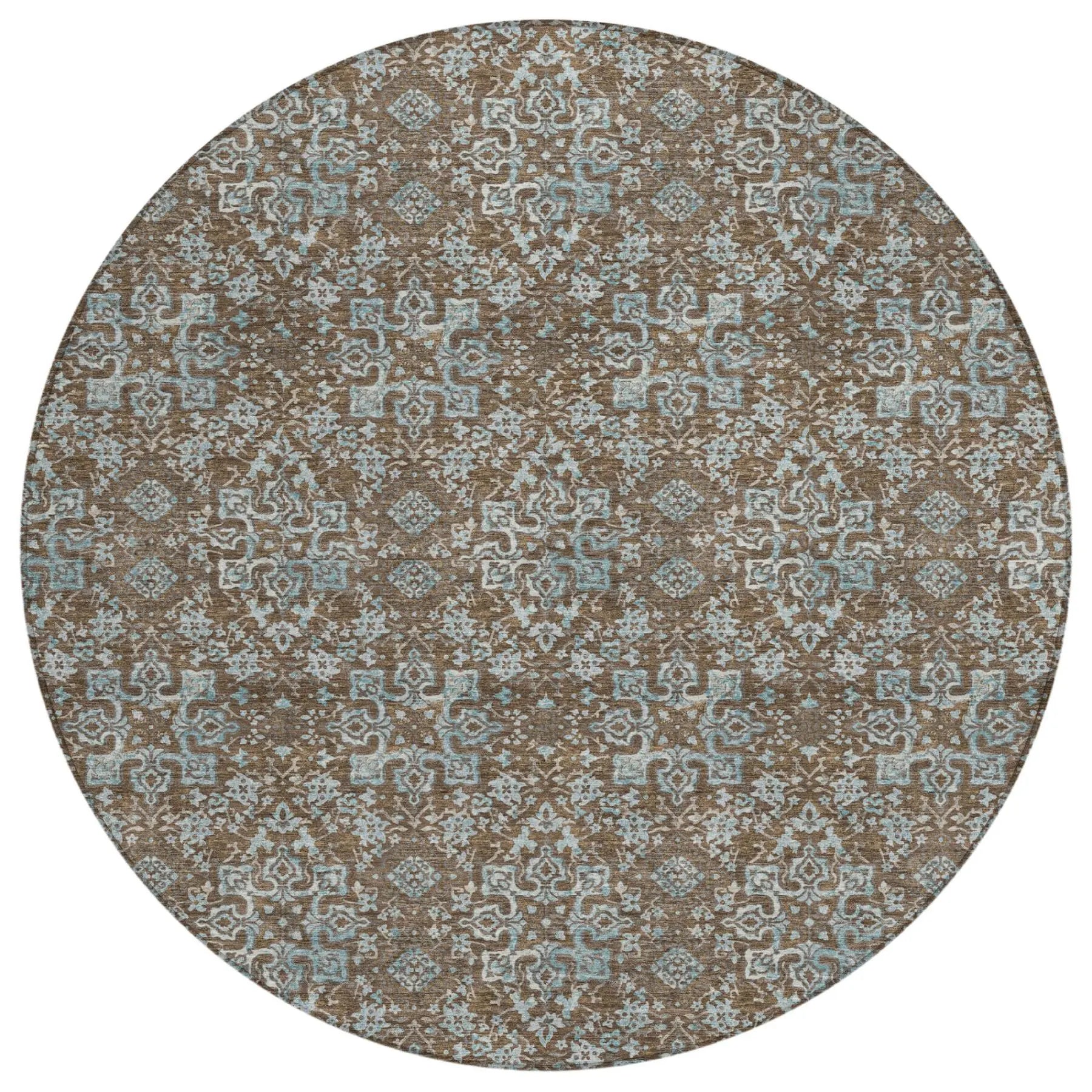 8' Chocolate And Brown Round Damask Washable Indoor Outdoor Area Rug Homeroots Outdoor