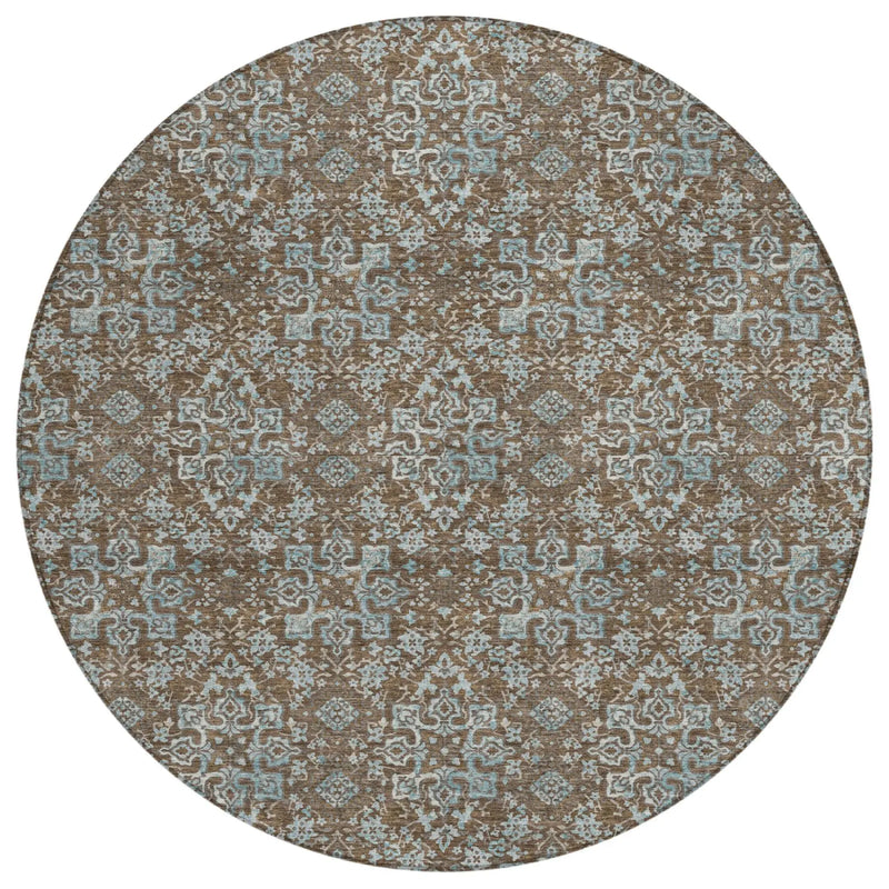 8' Chocolate And Brown Round Damask Washable Indoor Outdoor Area Rug Homeroots Outdoor