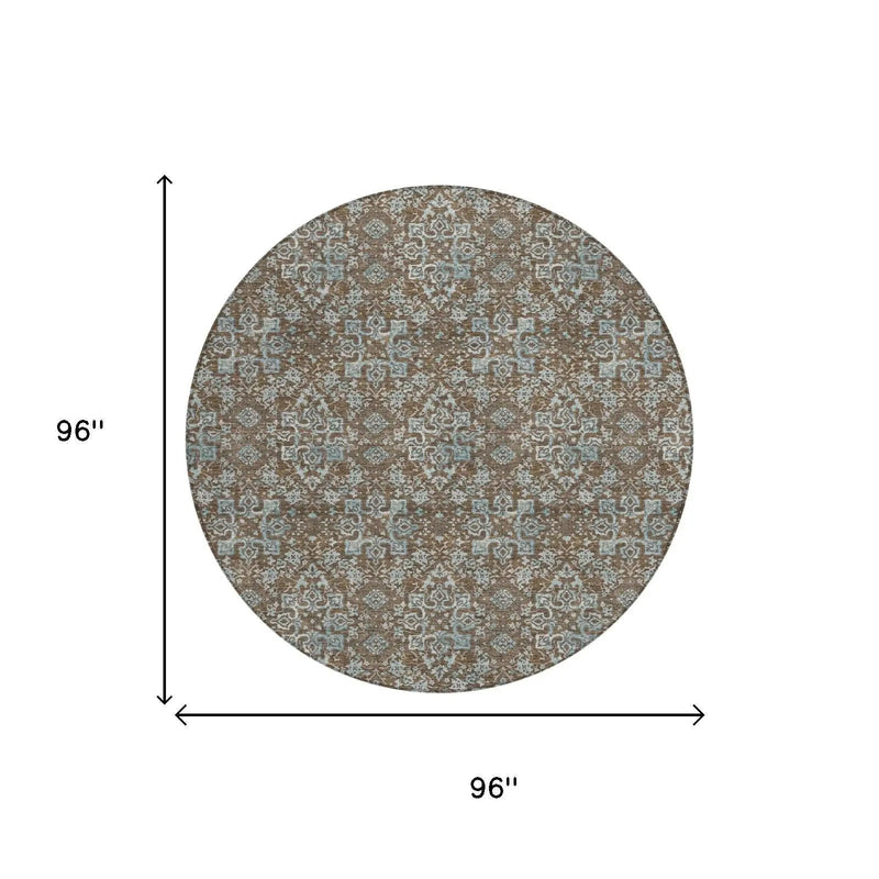 8' Chocolate And Brown Round Damask Washable Indoor Outdoor Area Rug Homeroots Outdoor