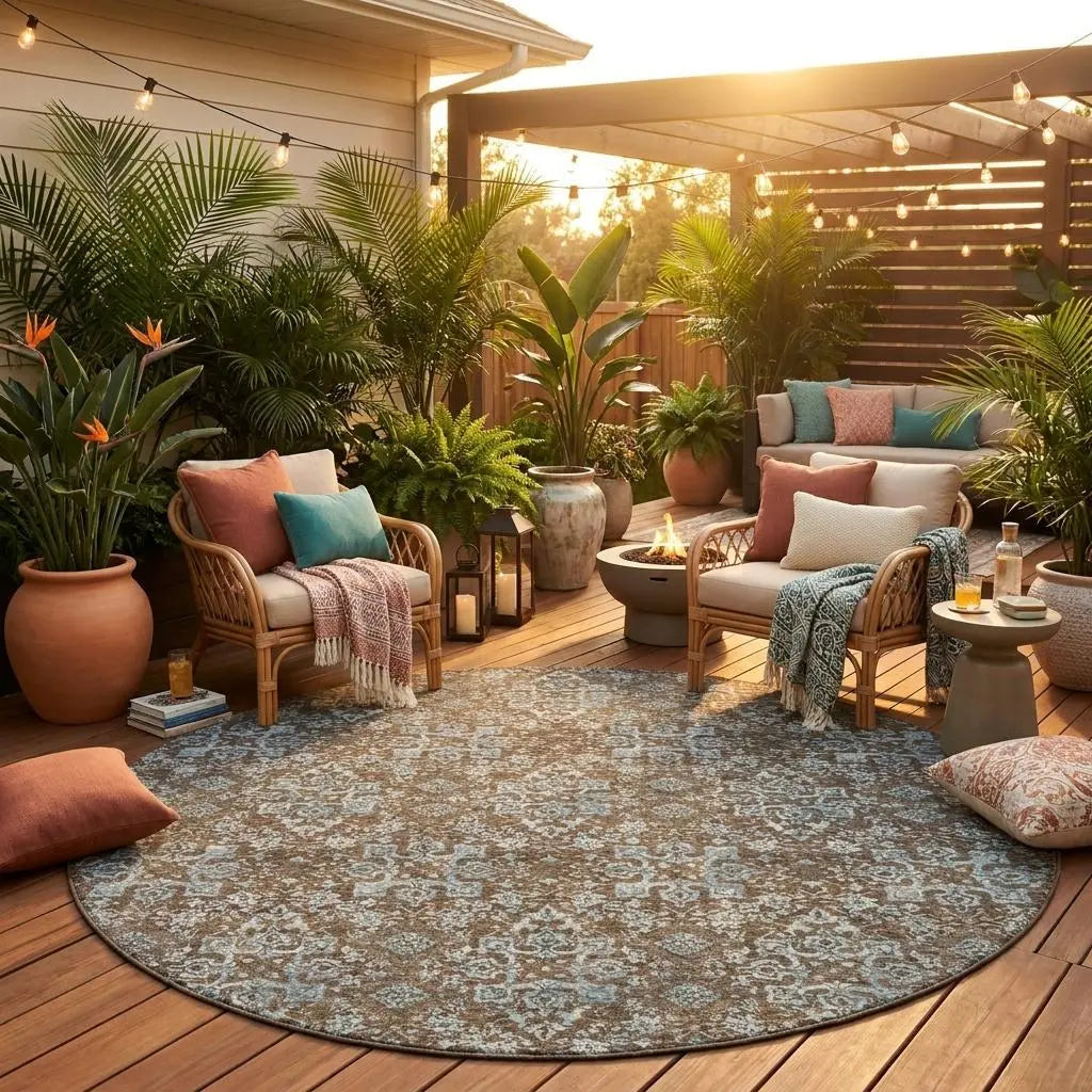 8' Chocolate And Brown Round Damask Washable Indoor Outdoor Area Rug Homeroots Outdoor