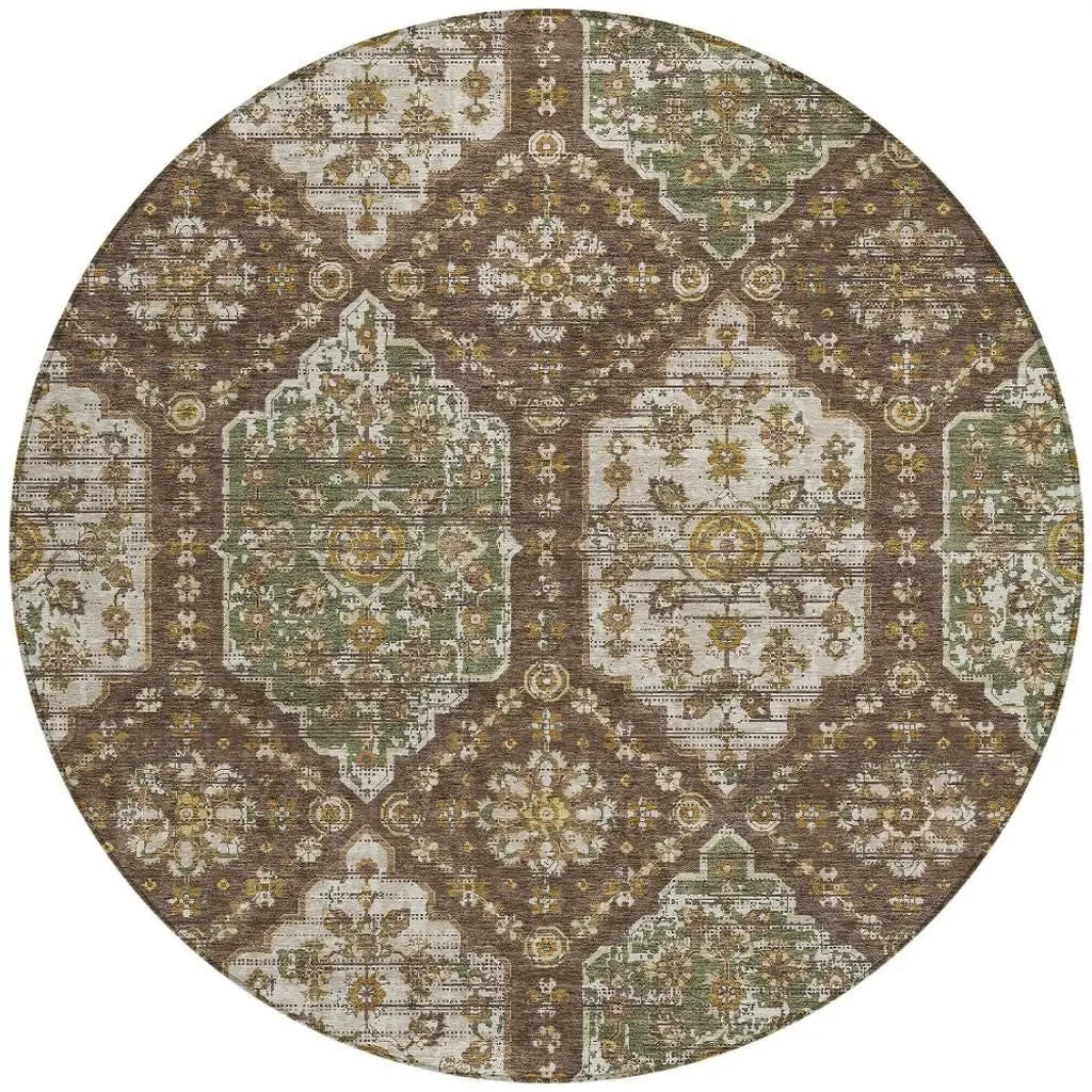 8' Chocolate And Brown Round Damask Washable Indoor Outdoor Area Rug Homeroots Outdoor