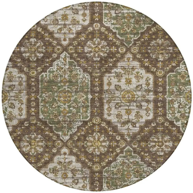 8' Chocolate And Brown Round Damask Washable Indoor Outdoor Area Rug Homeroots Outdoor