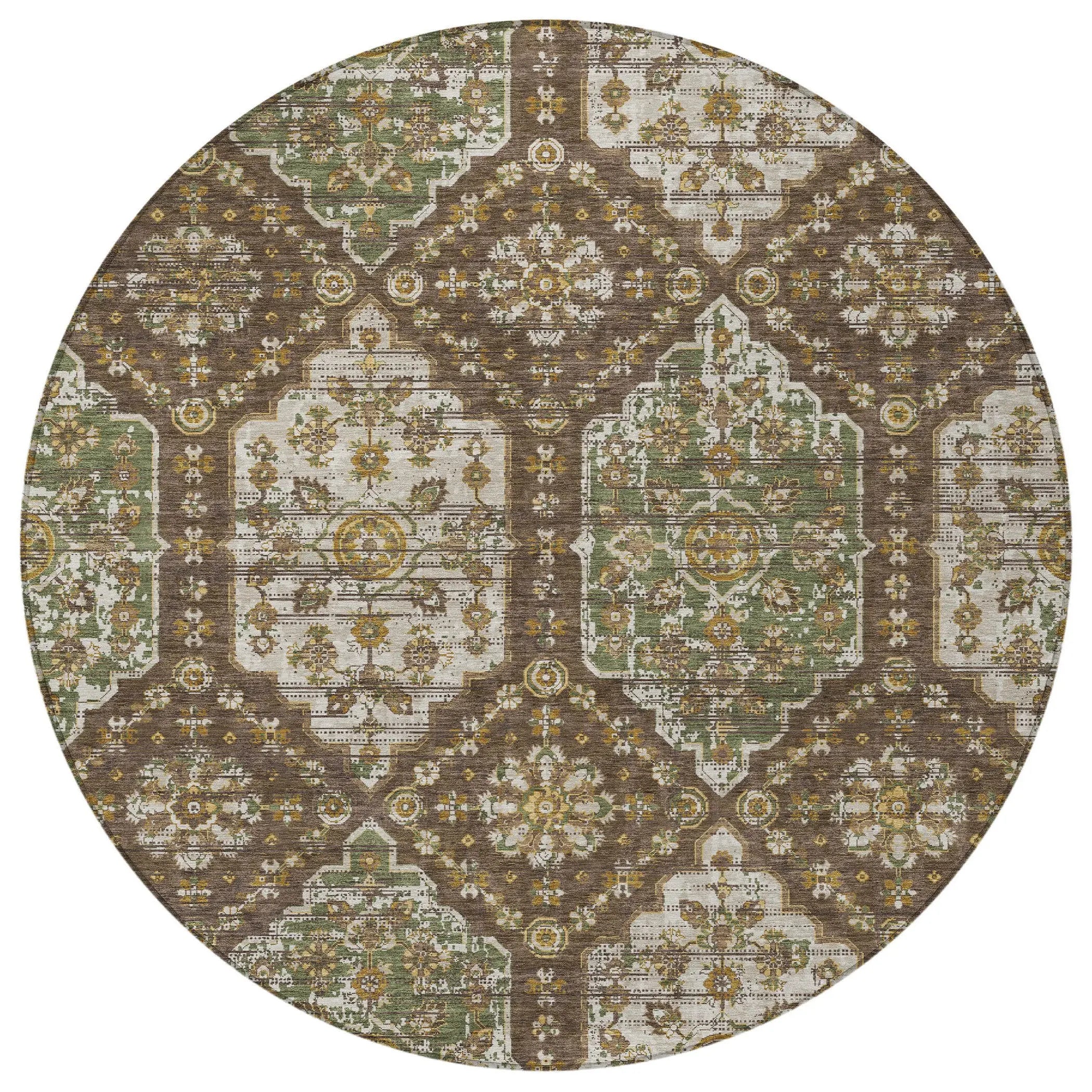 8' Chocolate And Brown Round Damask Washable Indoor Outdoor Area Rug Homeroots Outdoor