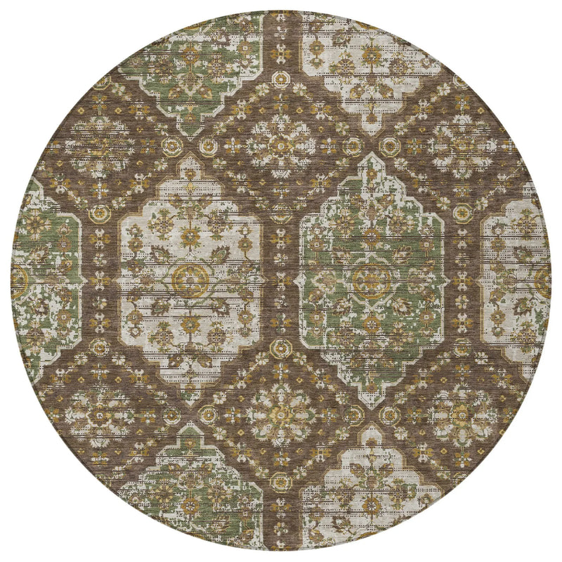 8' Chocolate And Brown Round Damask Washable Indoor Outdoor Area Rug Homeroots Outdoor